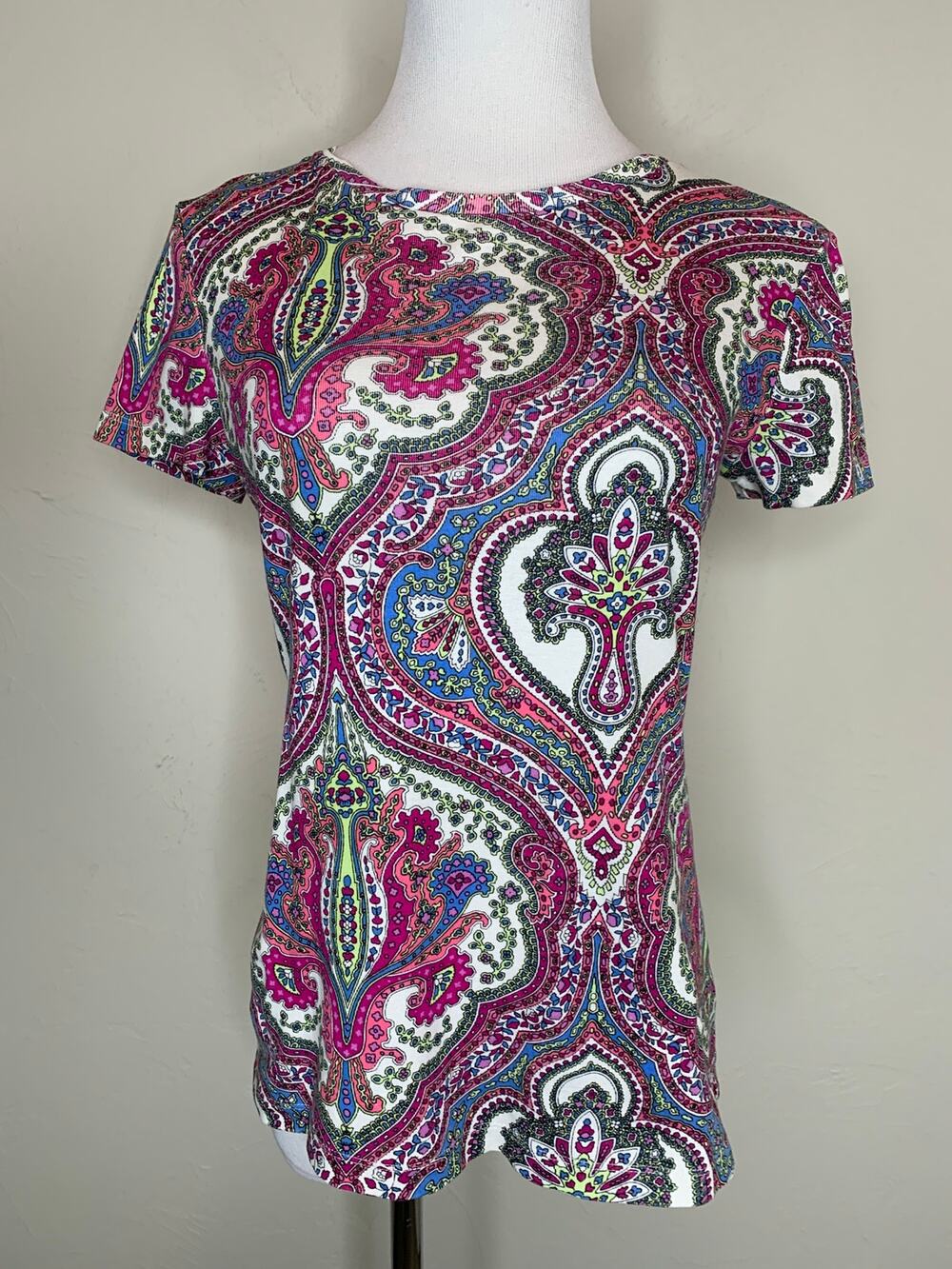 Talbots Cotton Paisley T shirt 100% Cotton Pink Blue Preppy Casual
